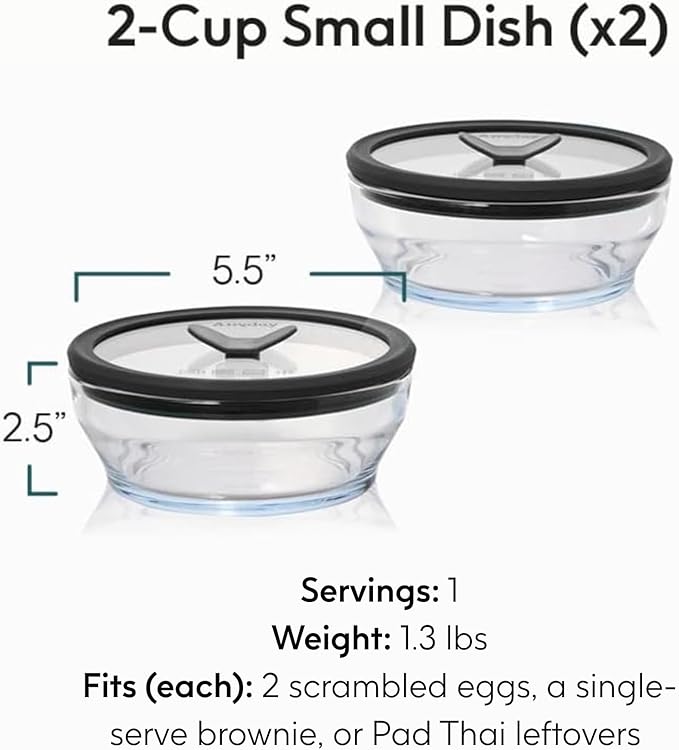 Anyday 2-Pack (2-Cup) Glass Food Storage Set with Glass Lids | Plastic-Free Meal Prep Set | Stackable Airtight Storage Container Set with Vented Lid for Microwave-Safe Reheating