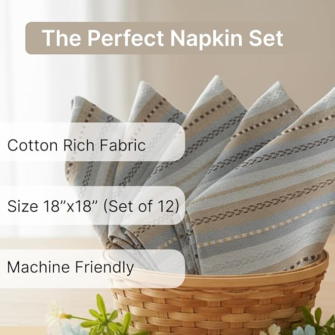 LFH Home Cotton Rich Cloth Salsa Napkin Set of 12 Washable Soft Durable Striped Table Napkins for Dining Wedding, Daily Use Reusable Eco-Friendly Napkins for Elegant Table Settings(18x18)-Grey Multi