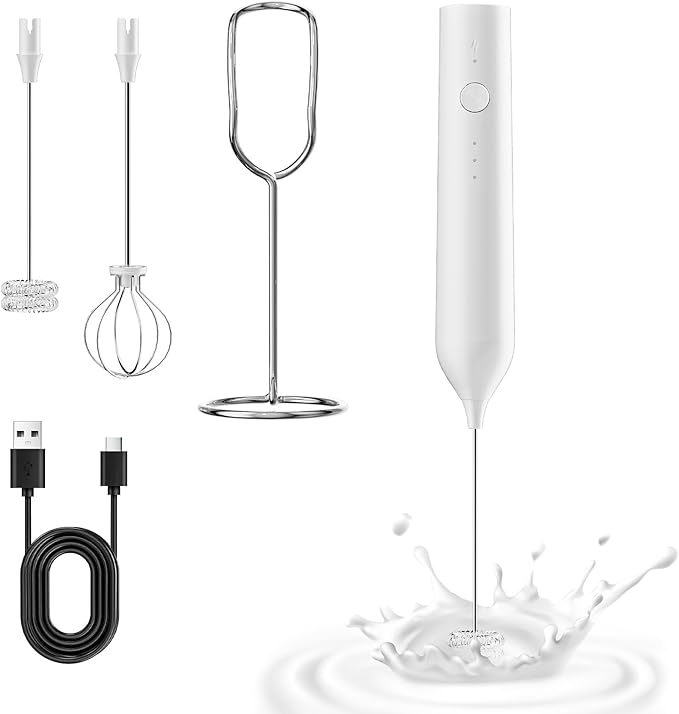 Milk Frother Handheld Rechargeable, Hand Frother with Stand, Drink Mixer Frother Wand Electric Whisk Stirrer for Coffee, Latte, Matcha, Cappuccino, Hot Chocolate, Kitchen Gifts - White