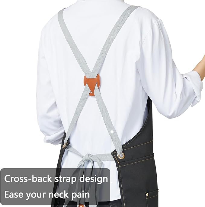 KITCHIEF Pottery Apron Split Leg,Cross Back Chef Apron with Pockets,Painting Apron with Adjustable Straps for Cooking,Baking,BBQ,Ceramic,Gardening(Black)