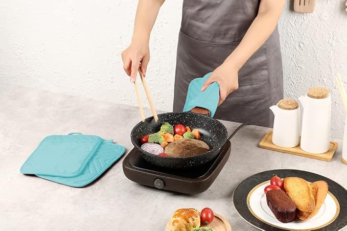 Oven Pot Holder with Pocket Cotton Heat Resistant Coaster Potholder Kitchen Hot Pad Oven Mitts for Cooking Square 7"x9" Set of 3 (Aqua)
