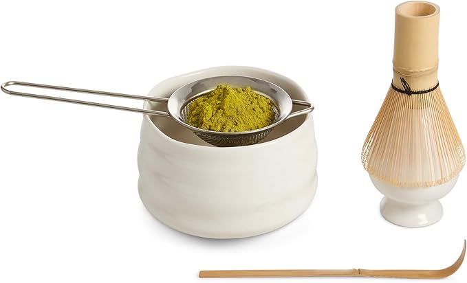 Helen’s Asian Kitchen Traditional Japanese Matcha Tea Gift Set – 5-Piece Ceremonial-Grade Kit with Bamboo Whisk, Handcrafted Bowl, Tea Sifter, Measuring Scoop, and Whisk Stand, Complete Serving Tools