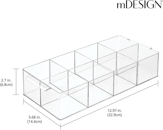 mDesign Plastic Condiment Organizer and Tea Bag Holder - 8-Compartment Kitchen Pantry/Countertop Storage Caddy - Divided Chip, Snack, Oatmeal Packet Holder - Lumiere Collection - 2 Pack, Clear