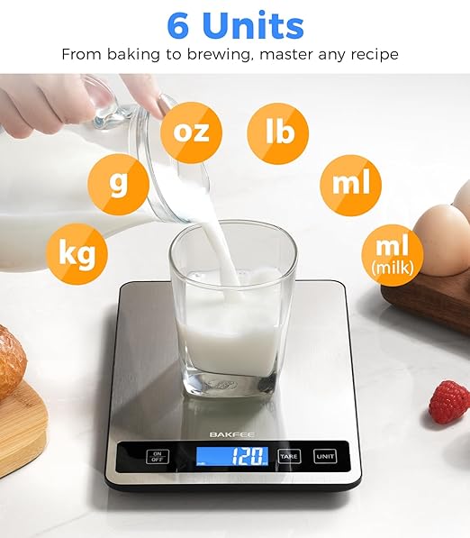 Food Scale - 15kg/33lb Digital Kitchen Scale with Full-View LCD Display, Grams and Ounces, Easy Clean Stainless Steel, 6 Units with Tare Function, Precise for Baking, Cooking & Meal Prep, Black