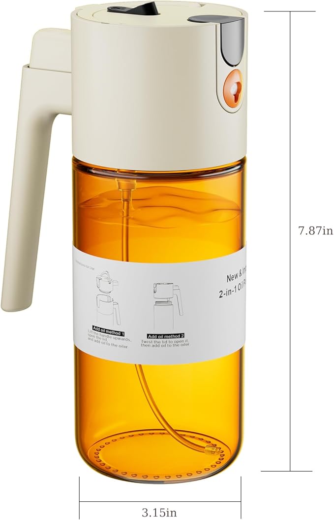 LUKUMIQI 2 in 1 Oil Sprayer for Cooking, 17oz Light-Blocking Glass Spray Bottle with Stickers, Oil Dispenser for Salad, Air Fryer & BBQ