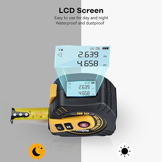 2-in-1 Laser Tape Measure - ristophe 197Ft Digital Tape Measure & 16Ft Measuring Tape with LCD Display - Pythagorean, Area, Volume Laser Measuring Tool for Construction & Woodworker (M/in/Ft Unit)