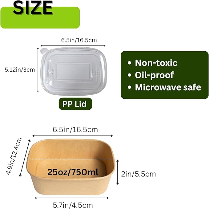 25oz Disposable Bowls with Lids, 50 Sets Large Kraft Square Paper Salad Bowls, Disposable Meal Prep Food Containers w/Lid, Microwave Serving Bowls Spillproof for Party Lunch Order Takeout