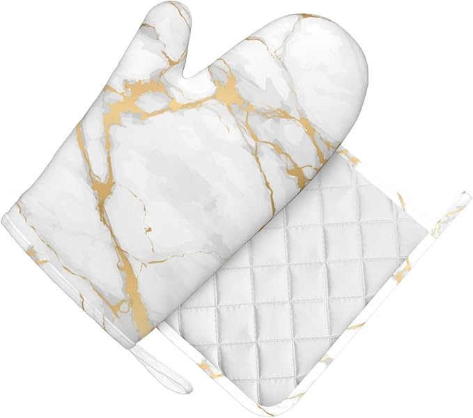 Oven Mitts and Pot Holders White Gold Marble Abstract Silicone Kitchen Accessories Set of 2 Heat Resistant Long Gloves Potholder Non-Slip Grip for Chef Cooking,Baking,Grilling,BBQ