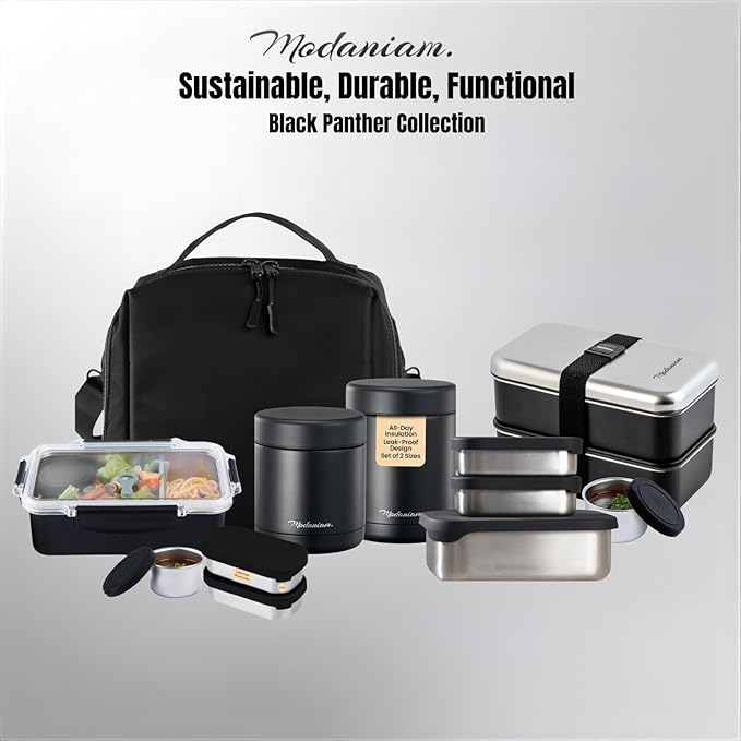 Modaniam Flexibento - Leak proof Stainless Steel Bento Box | Stainless steel Snack Containers | Food Containers with Silicone Lids | Metal Food Containers| Bentobox - Black, 52 Oz Set (set of 5)