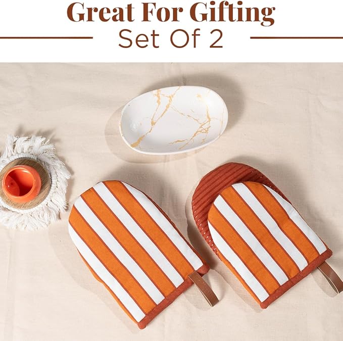 Folkulture Oven Mitts - Set of 2 (5.75"x9") | Oven Mitts with Hanging Loop for Cooking Gifts for Women, Kitchen Decor| 100% Cotton, Silicone Heat Resistant Mini Mitts - House Warming Gifts (Orange)