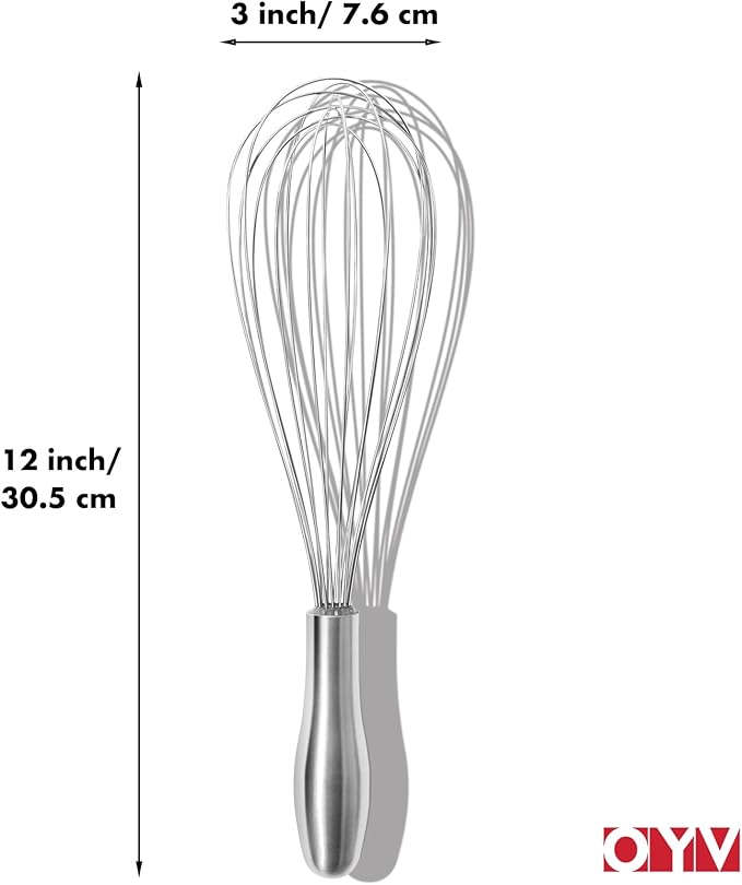 OYV 12" Whisk for Cooking, Ergonomic Handle, Dishwasher Safe 18/10 Stainless Steel Whisk, Professional Kitchen Wire Whisk, Perfect for Blending, Whisking, Baking, and Beating