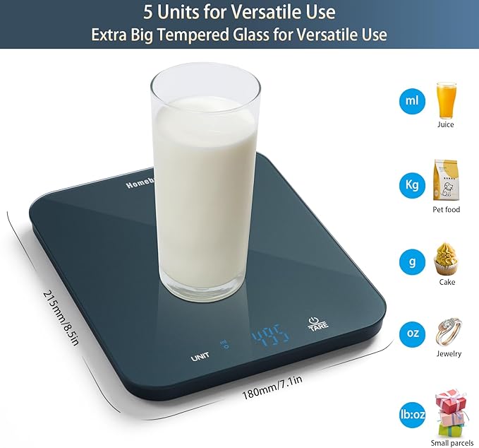Homebuds Food Scale, 33lb/15kg Digital Kitchen Scale, Weight Grams and Ounces in 1g/0.1oz Precision for Baking and Cooking, LED Display, 3*AAA Batteries Included, Tempered Glass, Blue