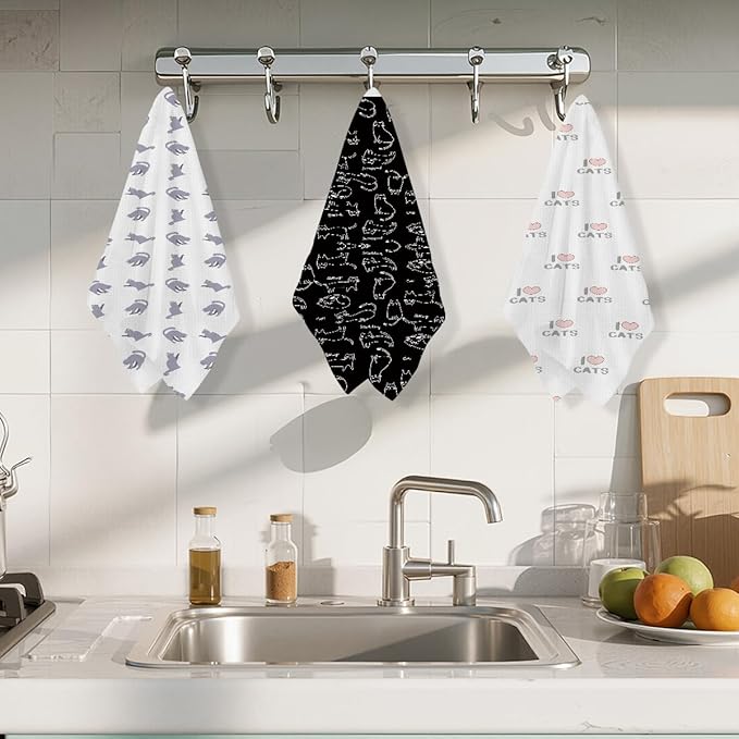 3 Pcs Cute Cat Kitchen Towels, I Love Cats Decorative Absorbent Microfiber Dish Cloth Tea Towel, Waffle Soft Hand Towels for Farmhouse Home Bathroom, Cat Lover Gifts
