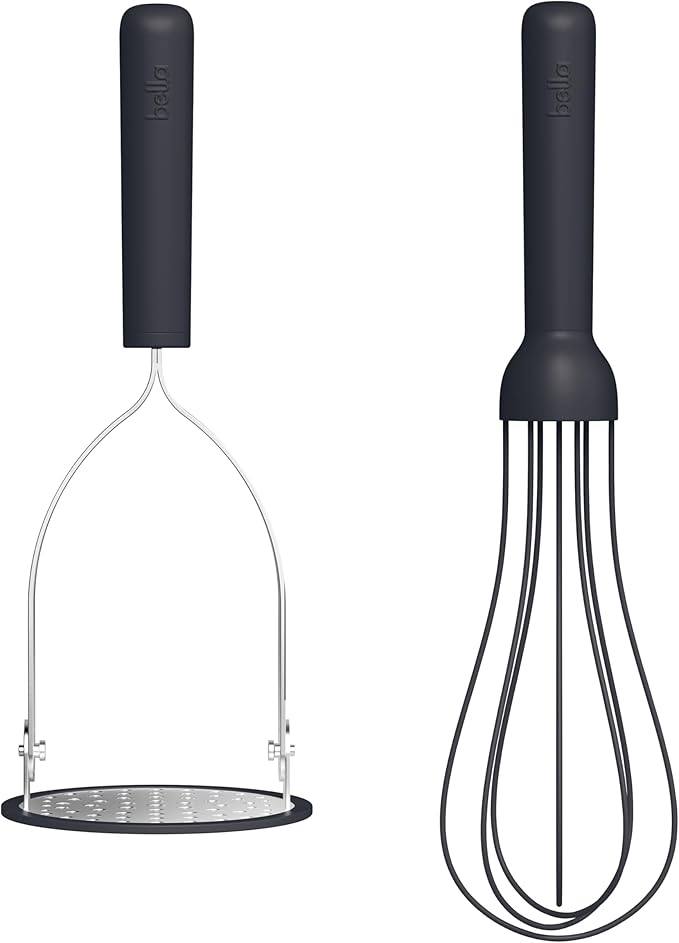 bella 2 Piece Compact Masher and Whisk Set, Fold Flat, Stainless steel and silicone, Foldable Masher, Ballon Whisk, Flat Whisk, Non-stick, Nonslip, Heat safe to 425°F, Slate