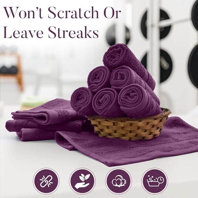 DAN RIVER 12-Pack Premium 100% Cotton Purple Passion Face Towels for Bathroom - Reusable Face Wash Cloths for Showering 12 X 12 Inches - 550 GSM Super Soft & Absorbent Luxury WashCloths for Body & Spa