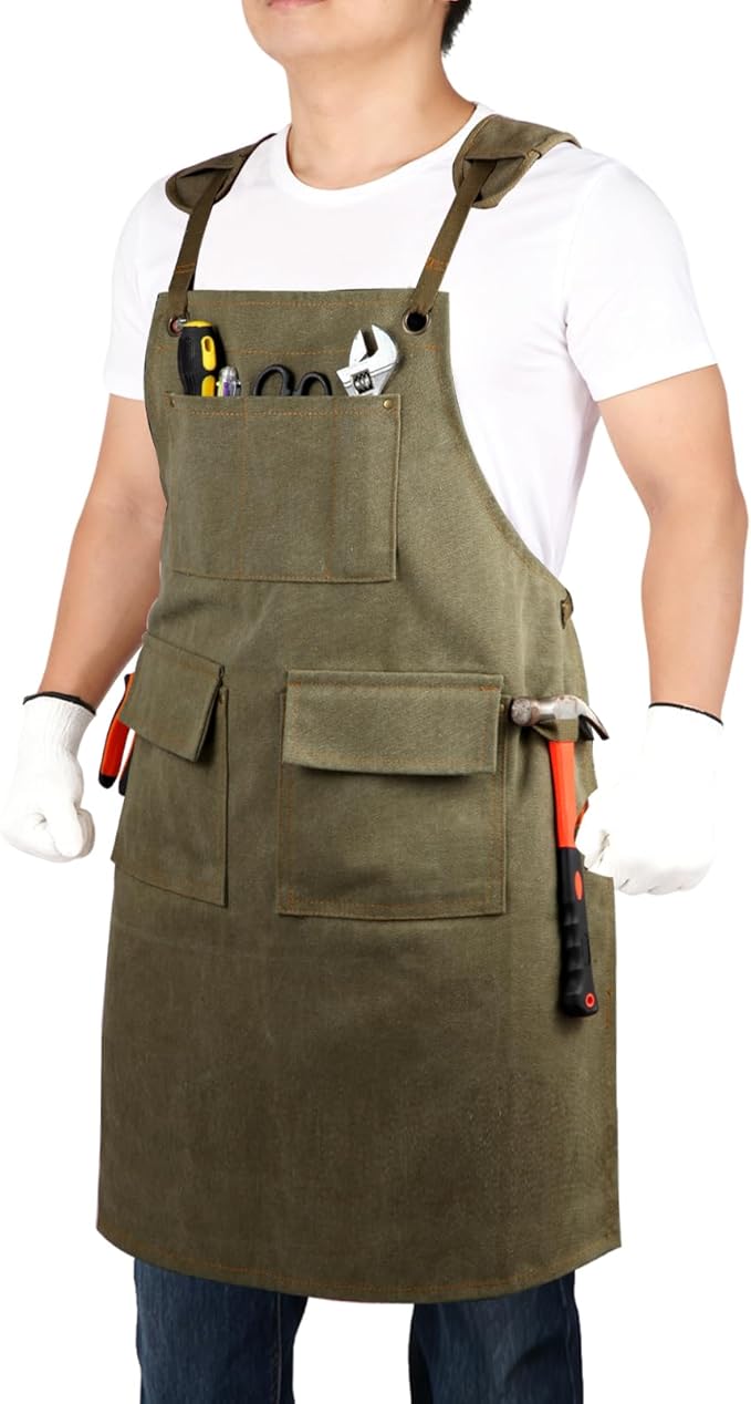 Work Apron with Pockets Thickened Waxed Canvas Apron Extended Adjustable Strap Waterproof Apron Protection for Men