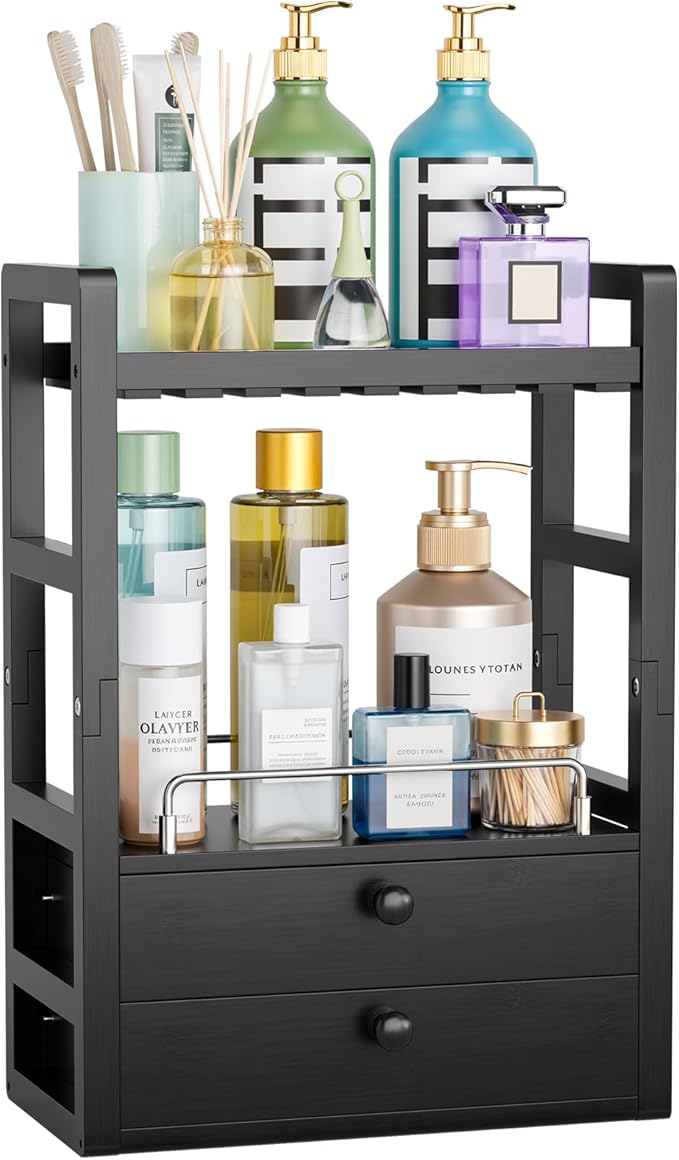 AmazerBath Bamboo Bathroom Countertop Organizer, 2-Tier Makeup Organizer with 2 Drawers, Vanity Organizer Storage Coffee Matcha Station, Compact Shelf for Bathroom Kitchen Office, Black