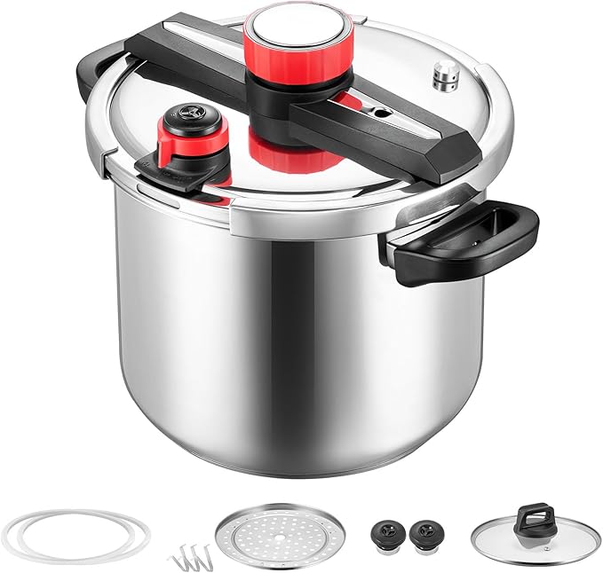 VEVOR Pressure Cooker, 12Qt Pressure Cooker Stainless Steel, Pressures Canner with Steaming Rack, Tempered Glass Lid, 3 Pressures Settings for Meat, Beans, Rice, Soup, Sauces, Cook up to 100 kPa
