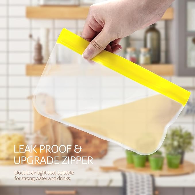 Reusable Snack Bags, 10 Pack 8.7x5.3 Inch Dishwasher Safe Silicone Food Storage Bags for Marinating Meats, Sandwich, Cereal (Yellow)