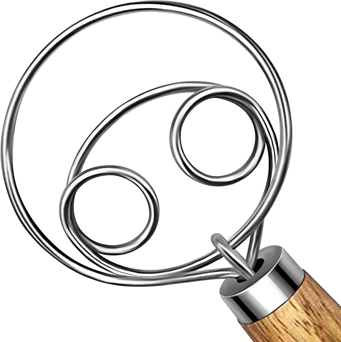 TEEVEA Danish Dough Whisk Stainless Steel Wooden Handle for Sourdough Pizza Bread Baking