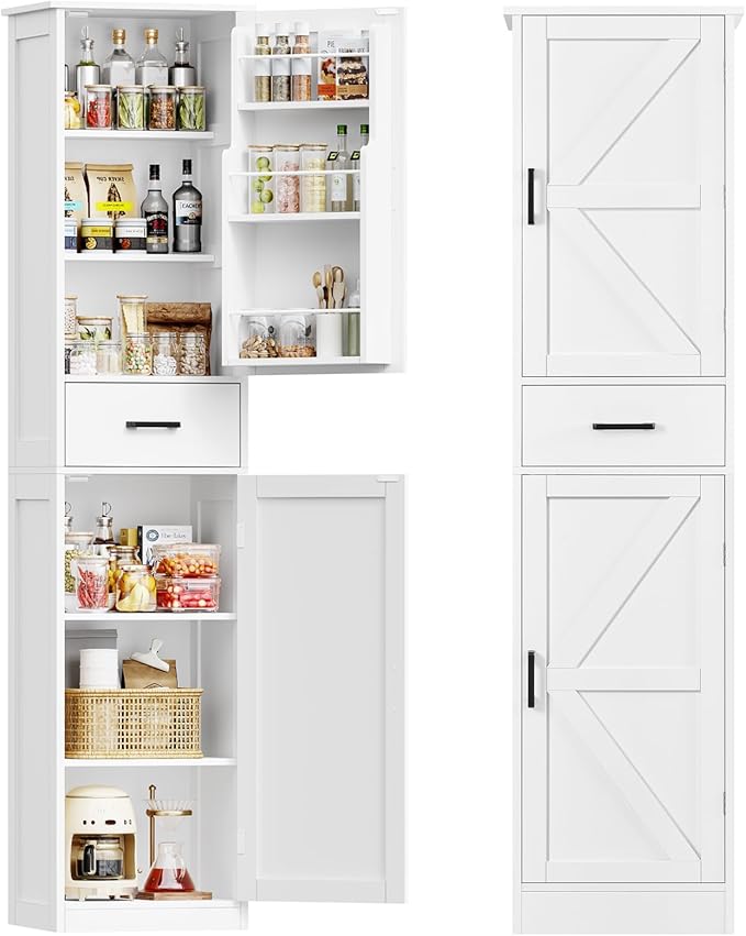 TEENFON Tall Storage Cabinet with 3 Door Shelves & 1 Drawer, Narrow Kitchen Pantry Cabinet for Living Room, Bathroom, Entryway, White