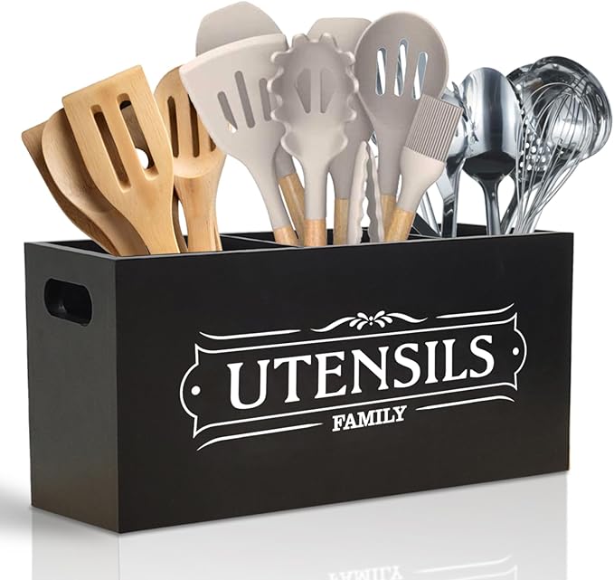 Kitchen Utensil Holder for Countertop, Extra Large Organizers and Storage - Wooden Farmhouse Decor and Utensil Crock for Kitchen Counter, Rustic Countertop Organizer for Cooking Tools(Black)