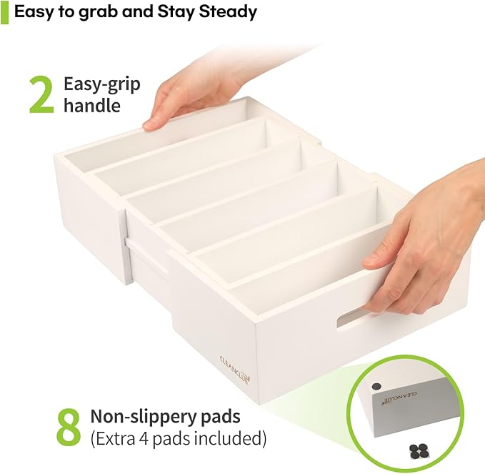 CLEANCLUE Expandable Kitchen Cabinet Organizer for Food Storage Container Lids, Bamboo Drawer Caddy Adjustable Dividers, Box for Kitchen Storage and Organization, Lids Organizer for Cabinet (White)