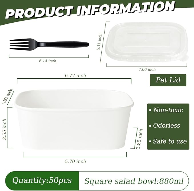 DI QIU REN 50-Pack 29oz Disposable Meal Prep Containers with Lids & Forks, Kraft Paper Bowls To Go Take Out Food Containers with Lids, Microwave & Freezer Safe (White Kraft Paper, 29oz 50 Count)