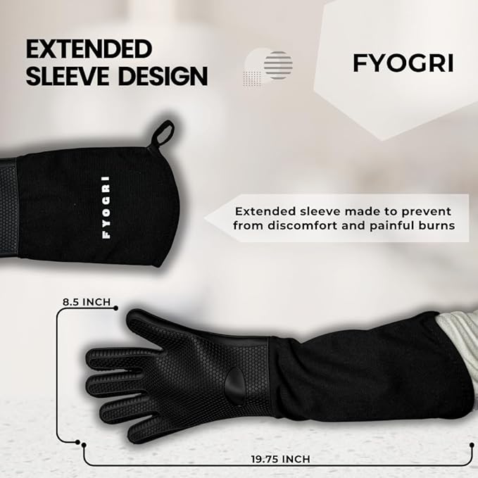 Extra Long Silicone Oven Mitts with Fingers Heat Resistant 500 F Safe Cooking & Baking 1 Pair - Durable Non-Slip Grip for Comfort and Safety Elbow Length for Maximum Coverage