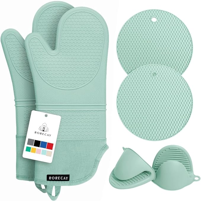 Rorecay 6pcs Oven Mitts and Pot Holders Sets Heat Resistant 500 Degrees, Extra Long Silicone Oven Gloves Non-Slip Potholders Hot Pads for Kitchen Baking Cooking, Quilted Liner, Bermuda Teal