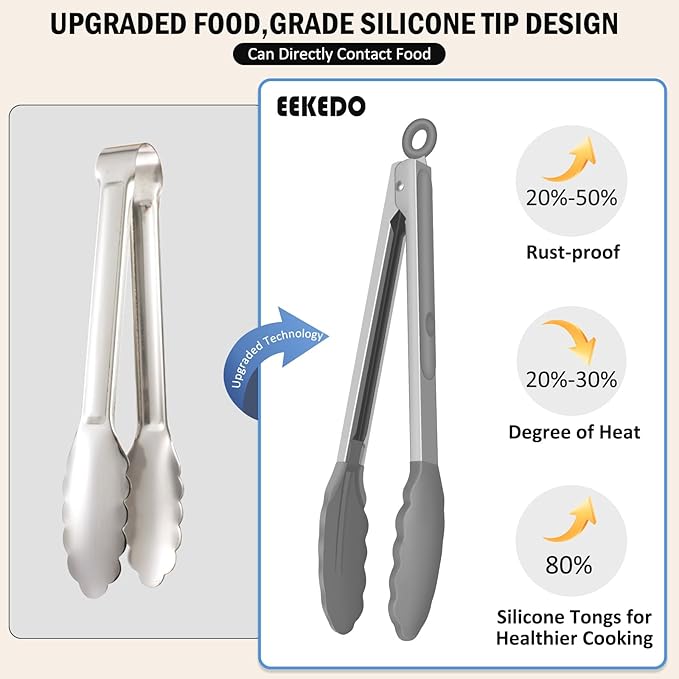 Tongs for Cooking, 600ºF High Heat-Resistant Stainless Steel Kitchen Tongs with Silicone Tips, Non Scratch, Locking Tong for BBQ Grilling Air Fryer Food Salads, Set of 2 (9" and 12") Light Grey
