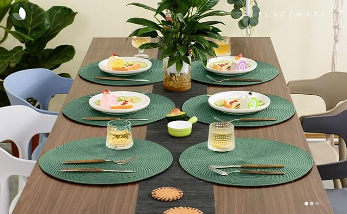 FunWheat Round Braided Placemats Set of 4 Table Mats for Dining Tables Woven Washable Non-Slip Place mats 15inch (Green, 4pcs)
