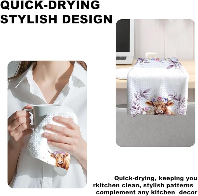 3 Pcs Cow Kitchen Towels, Colorful Flower Soft Absorbent Hand Tea Towel, Microfiber Dish Cloths for Drying Dishes, Waffle Dish Towels for Kitchen Farmhouse Decor, Cow Gifts for Women Mom