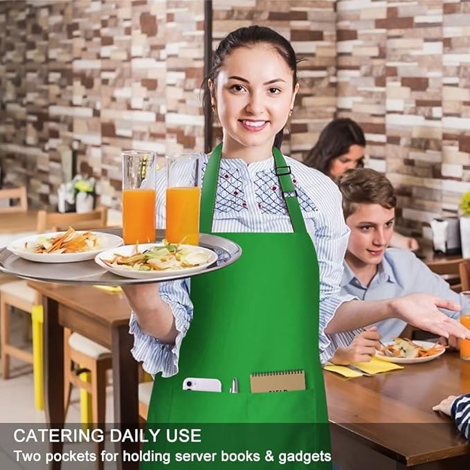 Jubatus 2 Pack Bib Aprons with 2 Pockets Cooking Chef Kitchen Apron for Women Men, Green