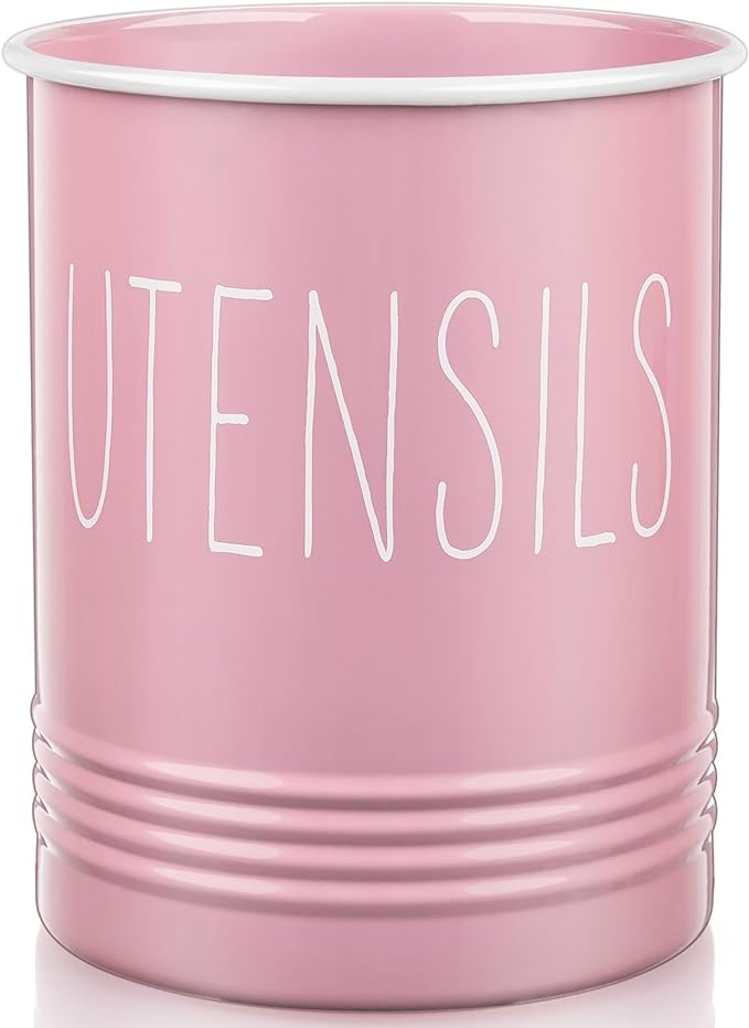 Bivvclaz Kitchen Utensil Holder - 6.7" Utensil Holder for Kitchen Counter - Cooking Utensil Crock with Cork Bottom - Pink Decor and Accessories - Utensil Storage Caddy Organizer