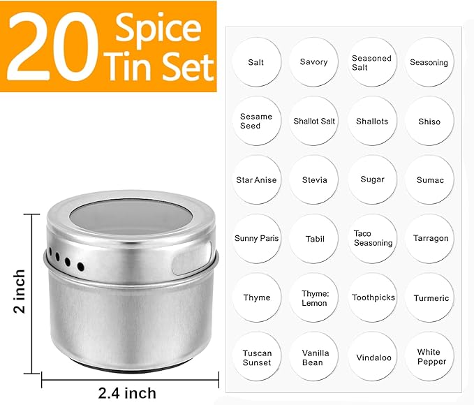 Bekith 20 Pack Magnetic Spice Jars, Magnetic Spice Containers for Refrigerator, Seasoning Tins with Clear Top Lid, 240 PVC Spice Label Set