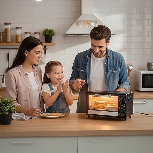 OVENTE 8L Countertop Toaster Oven with 60-Minute Timer, Adjustable Temperature Control, Easy-to-Clean Baking Pan, 750W Compact Mini for Pizza, Toast, Bake, and Broil, Black TO2808B