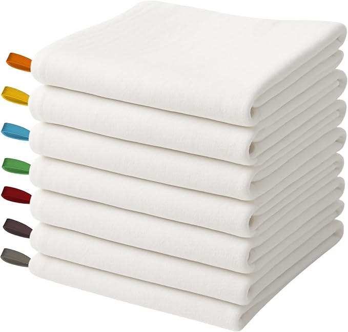 Flat Flour Sack Towels 100% Cotton Dish Towel Reusable Baking Cloth for Bread Dough, Baguettes, Ciabatta, Machine Washable, Kitchen Towels for Cleaning (White, 28"x28" - Pack of 7)