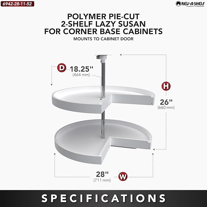 Rev-A-Shelf 2 Tier Pie-Cut Lazy Susan for Corner Base Cabinets, Plastic, 28" Double Shelf Swivel Kitchen Spice and Can Organizer, White, 6942-28-11-52
