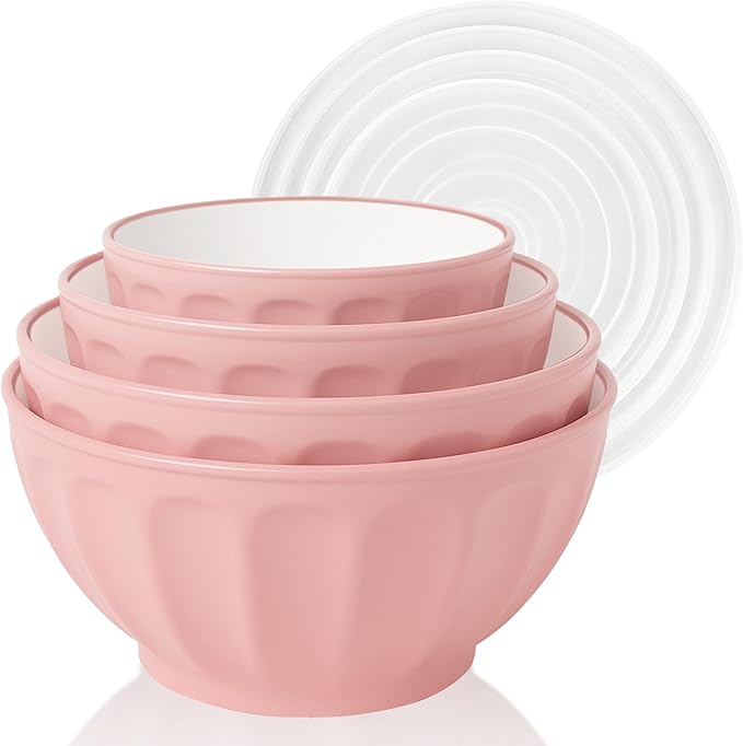 BoxedHome Mixing Bowls with Lids Set, 4PK Large 0.2” Thick Plastic Nesting Mixing Bowl, Microwave Safe,Size 1.37,2.32,3.8 and 5.07qt, Pink