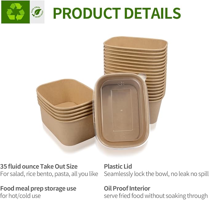 50 Pack 35 oz Paper Food Containers with Lids, Microwavable and Freezer Use Paper Meal Prep Containers Disposable Food Prep and Take Out Food Containers, 50 Bowls 50 Lids