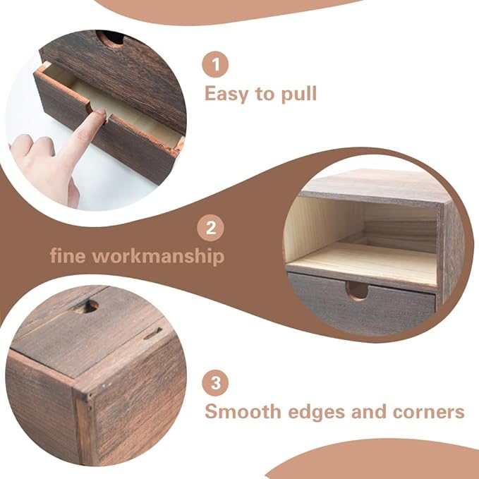 2-Drawer Desk Organizer Rustic Wooden Drawer Organizer for Storing Small Items Wood Countertop Drawer Organizers Storage Drawers for Desk Heavy Carbonization Farmhouse Storage Box (7 x 7in)