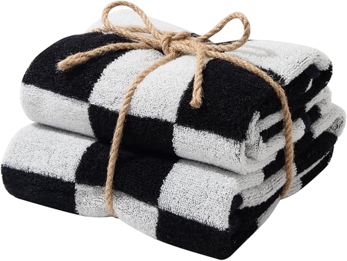 Madi-Cadi 100% Cotton Checkerboard Towels Set of 2, Farmhouse Kitchen & Guest Bathroom Towels, 13 x 29 Inches, Highly Absorbent Lint-Free Dish & Hand Towels with Double-Stitched Hems(Black)