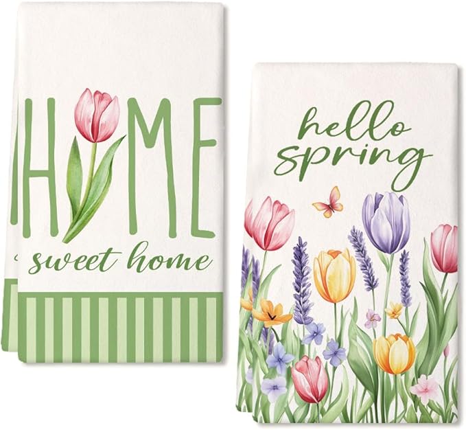 Tulip Hello Spring Kitchen Towels Set of 2,Green Floral Dish Hand Towels Farmhouse Indoor Outdoor Holiday Seasonal Decorations DD094
