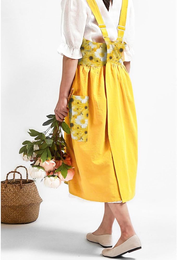 Uaussi Cotton Linen Apron Cross Back Work Apron for Women with Pockets Pinafore Dress X Cross Halter Apron for Chef Gardening