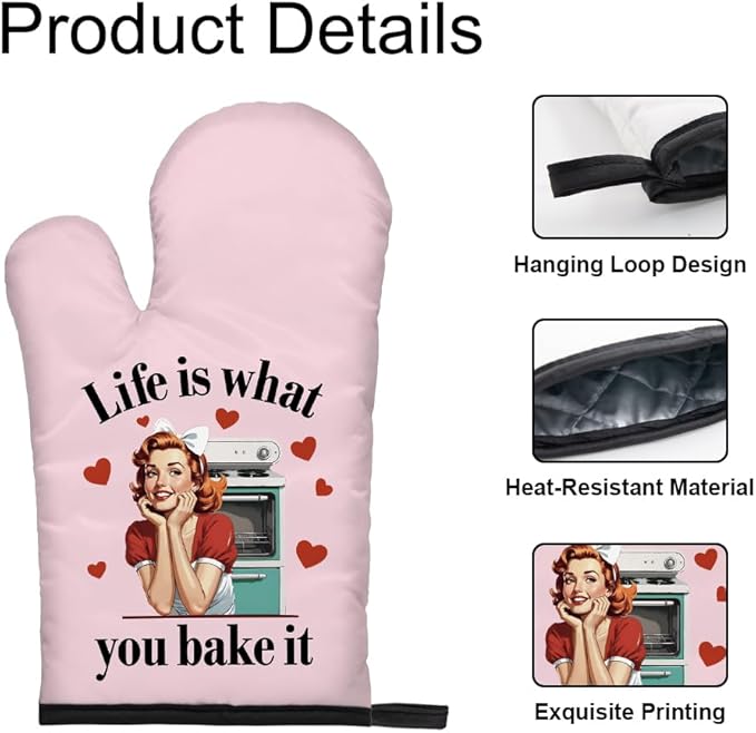 DYJYBMY Life is What You Bake It Funny Oven Mitts and Pot Holder Set for Baking Cooking, Bake Lover Gifts, Vintage Lady Kitchen Gadgets for Women, Hostess Baking Gifts for Mom Sister BFF Chef Friend