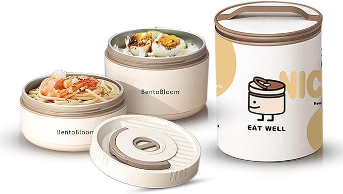 Bento Box Adult — Round Stackable Lunch Box for Women (450ml & 600ml) with Insulated Carry Bag | 304 Stainless Steel Removable Inserts | Microwave & Dishwasher Safe, White