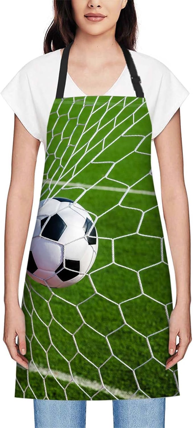 oFloral Soccer Football in Goal Net Bib Apron with Adjustable Neck for Men Women,Suitable for Home Kitchen Cooking Waitress Chef Grill Bistro Baking BBQ Apron