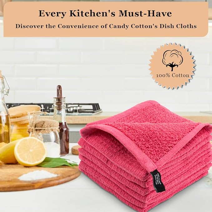 Kitchen Cleaning Dish Wash Cloths Waffle Terry Design Kitchen DishCloths|Washable 12x12 Cotton Dish Rags for Drying Dishes|Counter Top Barista Dust Wipes|Spring Easter Basket Decor| 6 Pc Set- Pink