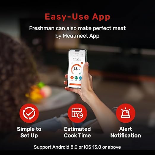 WiFi Wireless Meat Thermometer Digital, Bluetooth Meat Thermometer Wireless, Smart App Monitoring, IP67 Waterproof Meat Probe Thermometer for BBQ, Oven, Grill, Smoker (Pro)